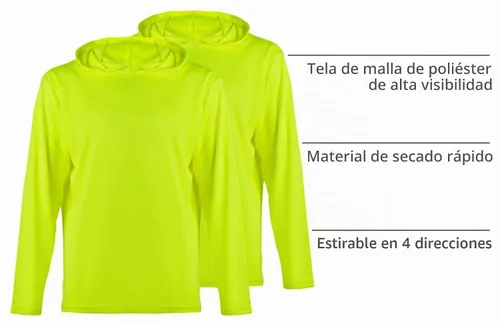Vista 4 de ProtectX Paquete de 2 sudaderas con capucha para hombre Hi Vis, ligera, larga, para el sol, con capucha Verde neón - Paquete de 2