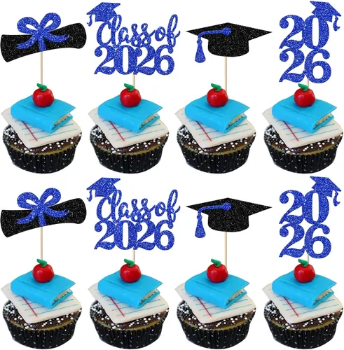 Vista 36 de Paquete de 24 adornos para cupcakes de clase de 2026 con purpurina 2026 para diploma de graduación 2026, selecciones para cupcakes para graduación