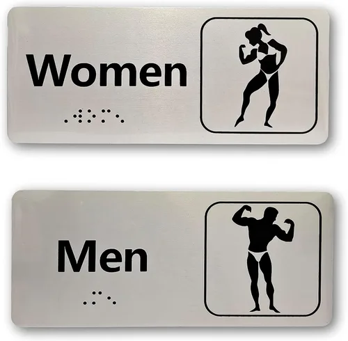 Vista 2 de Letrero personalizado para baño con Braille, letrero de baño de aluminio cepillado con cinta de espuma de doble cara, decoración de puerta