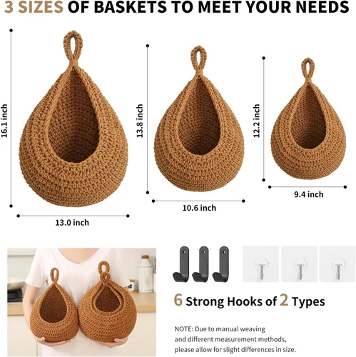 Vista 4 de Cestas de frutas bohemias para colgar en la pared para cocina, paquete de 3 soportes tejidos con 6 ganchos fuertes, cesta colgante de verduras