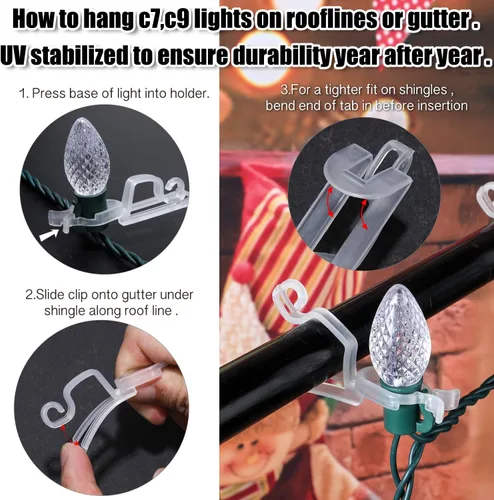 Vista 5 de 40 clips de canalón de luz de Navidad, clip de plástico C7 C9 para decoraciones de fiesta de Navidad (transparente)