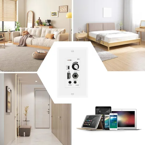 Vista 6 de Amplificador de pared compatible con Bluetooth 4 canales, control de volumen, placa de pared con entradas USB/MIC/AUX (0.138 in) Bloque