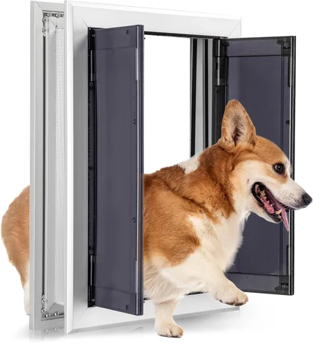 Vista 8 de Puerta de aluminio para mascotas con paneles, puerta duradera para perro con solapas magnéticas de cierre automático, panel deslizante y 4