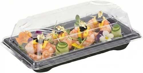 Vista 6 de Restaurantware Roku - Bandejas de sushi de 5.4 x 3 pulgadas, 100 recipientes desechables para sushi con tapas, pequeños recipientes rectangulares