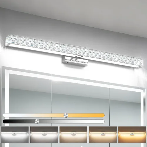 Vista 9 de SOLFART Lámpara de baño, accesorios de iluminación de tocador de cristal, luces LED modernas sobre espejo, lámpara de baño de 60 cm, cromada Luz