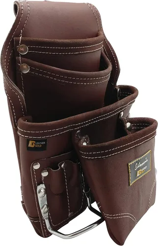 Vista 2 de Bolsa de herramientas de carpintero de oro de cuero 3350, cuero curtido al aceite marrón 10 bolsillos Full-grain leather with 2 hammer holders and