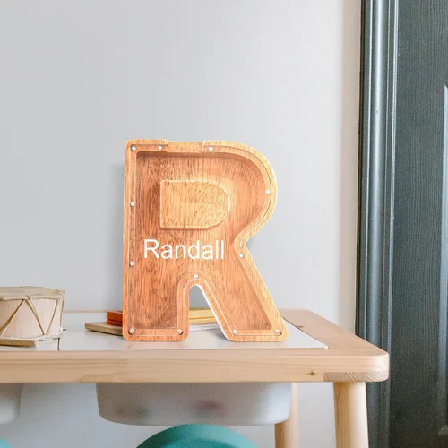 Vista 3 de Alcancías con nombre personalizado para niños, alcancía con letra personalizada, banco de dinero del alfabeto de madera, regalos para niños y niñas