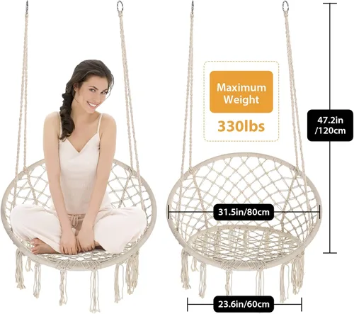 Vista 4 de Garpans Hamaca de macramé, estilo bohemio, hamaca con borlas, columpio colgante hecha a mano, cuerda de algodón tejida a mano para interiores y Beige