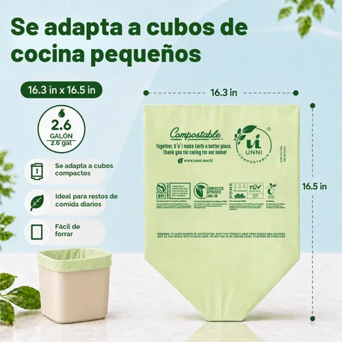 Vista 3 de Bolsas de basura compostables UNNI, 2.6 galones / 9.84 litros, 100 unidades, extra gruesas de 0.71 mil, forros para contenedores pequeños de restos
