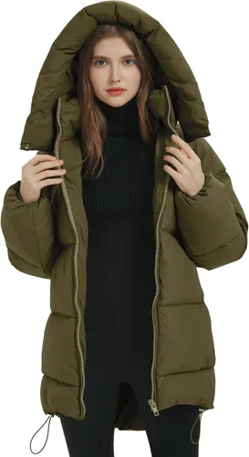 Vista 2 de Flygo Chaqueta acolchada con capucha para mujer, longitud media, acolchada, cálida, para invierno, ropa de abrigo pesada