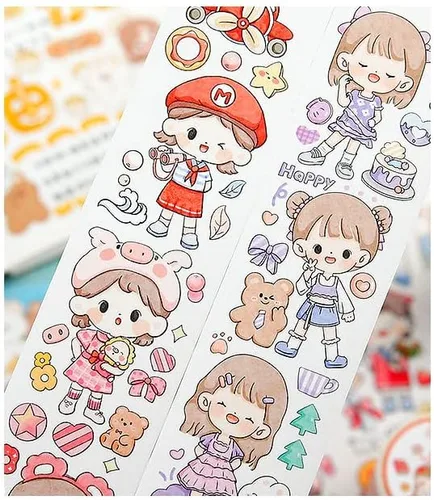 Vista 5 de Kawaii Art Washi Tape - Linda cinta adhesiva para escuela, suministros de oficina, estética, caricaturas, juego de cinta adhesiva decorativa