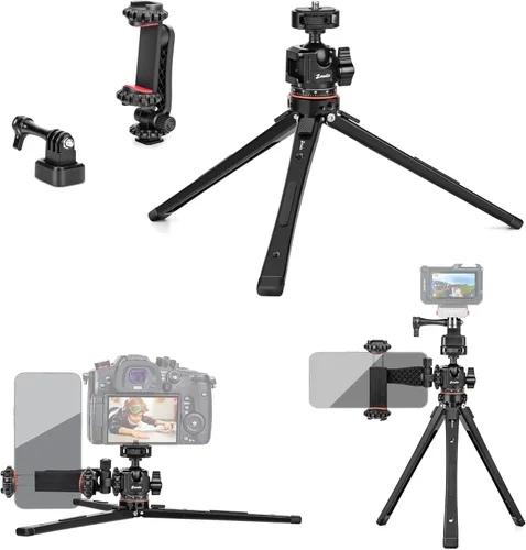 Vista 9 de Zeadio Kit de trípode de metal todo en uno con cabezal de bola Arca, soporte para teléfono y adaptador de cámara de acción