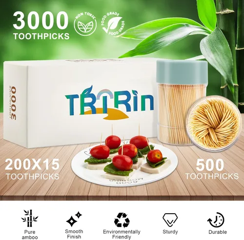 Vista 2 de Palillos de dientes de bambú [3000 unidades] - Con soporte para palillos de dientes reutilizable, púas de dientes de acabado liso resistente