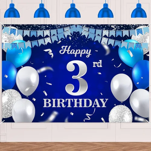 Vista 45 de Bandera de feliz primer cumpleaños con fondo azul marino, globos, confeti, bandera de rayas, luces de puntos, felicitaciones por el tema de 1 año