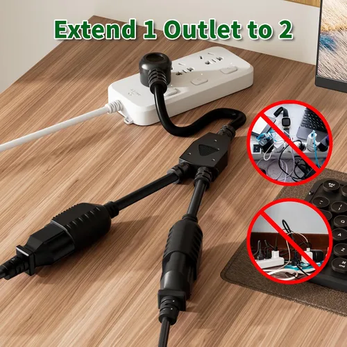 Vista 3 de Elecan Cable de Extensión de Alimentación Divisor en Y de 3 Clavijas 2 Pies/Paquete de 2, Enchufe Plano Angulado de 45 Grados Salida de 1 a 2 Vías