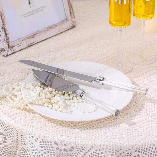 Vista 5 de Boao Juego de 4 flautas para tostadas de boda y servidor de tartas, suministros de recepción de boda, cilindro, copas de champán, cuchillo para Claro