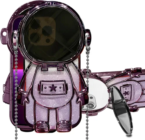 Vista 18 de Funda de astronauta compatible con iPhone 14 Pro Max con soporte, espejo, correa de hombro con cordón, espejo de papel con purpurina desmontable
