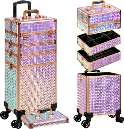 Vista 10 de AROUS Estuche de maquillaje rodante 5 en 1, estuche de cosmetología con ruedas, gran organizador cosmético, carro de viaje para estilista, artista
