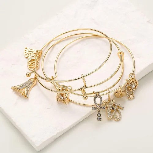 Vista 5 de Madison Tyler Aaliyah 3pc Gold Plated Charm Expandable Bangle Bracelets, Pave Eye of Ra Ankh Symbols, Jewelry Gifts for Women
