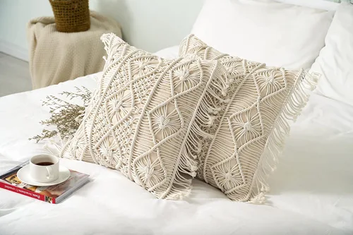 Vista 4 de Juego de 2 fundas de almohada de macramé, 100% algodón, decorativas, con flecos, decoración bohemia para el hogar