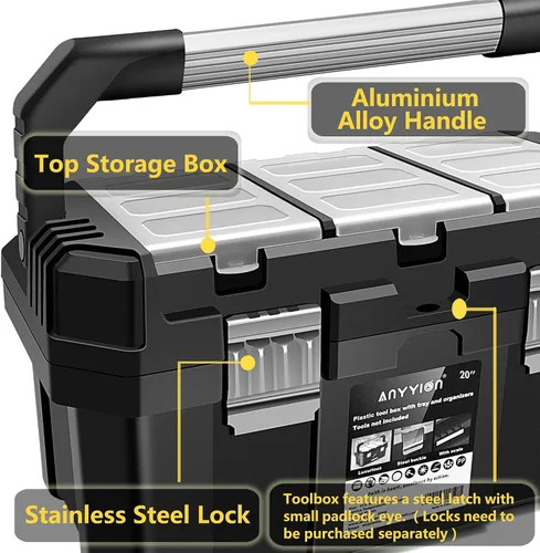 Vista 3 de Anyyion Caja de herramientas de 19 pulgadas con bandeja extraíble, verdaderamente fuerte y duradera para almacenamiento de manualidades, hogar