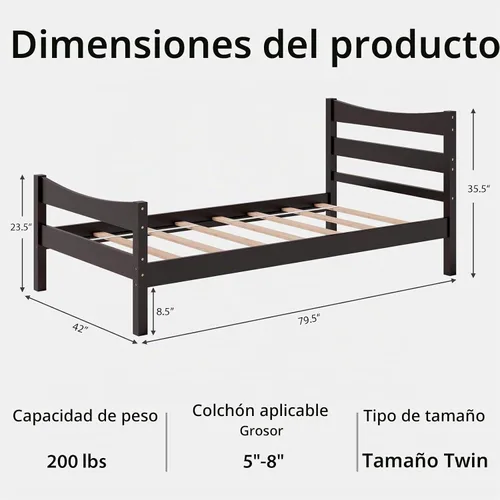 Vista 2 de Giantex - Marcos de cama individual de madera con cabecero, cama moderna con plataforma y soporte de listones de madera, espacio de almacenamiento