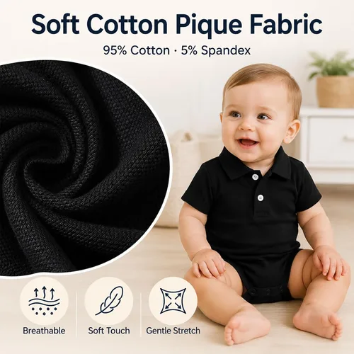 Vista 4 de ROMPERINBOX Mameluco de manga corta con cuello para bebé recién nacido, mono de piqué de malla de color sólido con burbujas Negro
