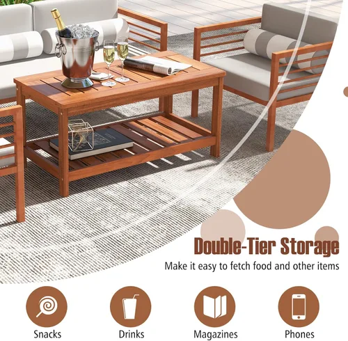Vista 6 de HAPPYGRILL Mesa auxiliar de patio, mesa auxiliar de doble nivel con estructura de madera maciza, mesa de listones y estante, mesa de centro