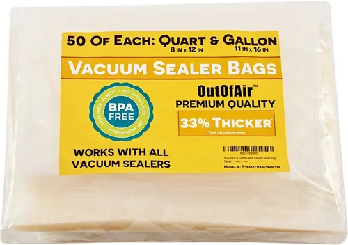 Vista 10 de 150 bolsas selladoras al vacío: 50 pintas (6" x 10"), 50 cuartos (8" x 12"), 50 galones (11" x 16") por OutOfAir - Funciona con FoodSaver y otros