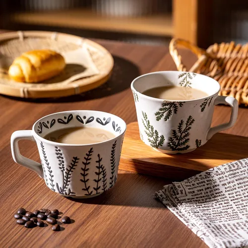 Vista 6 de Juego de 4 tazas de café con cuchara dorada, taza de cerámica pintada a mano de estilo antiguo de 11 onzas para hombres y mujeres, regalos únicos