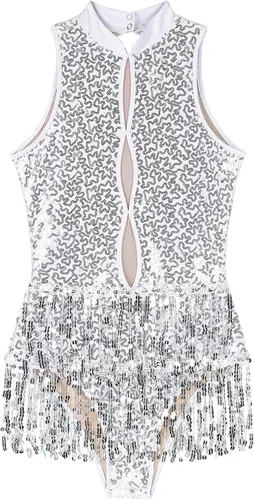 Vista 5 de winying Leotardo de baile de jazz latino con borlas de lentejuelas brillantes para mujer