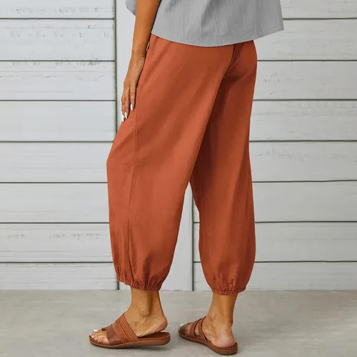 Vista 3 de Pantalones holgados de cintura alta para mujer, pantalones capri con cordón y bolsillos, pierna ancha, pantalones recortados al tobillo para mujer