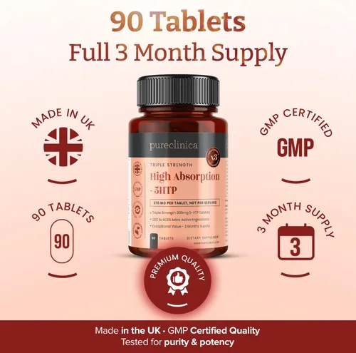 Vista 7 de Alta absorción 5HTP 300mg x 90 tabletas - 3 meses de suministro. con vitamina C, B6 y extracto de pimienta negra