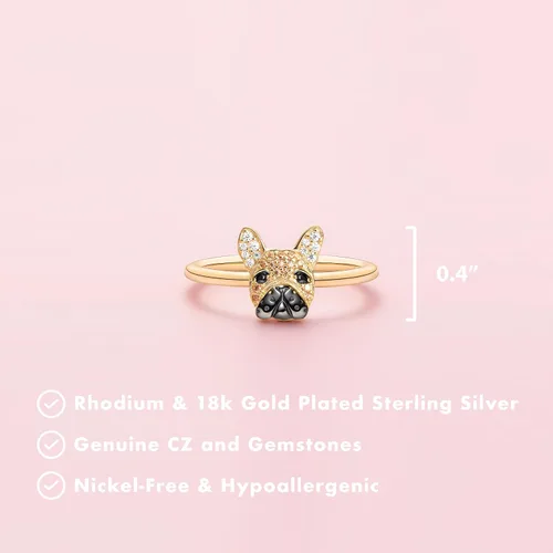 Vista 6 de SCAMPER & CO Regalos para el día de San Valentín para ella, anillo de plata de ley Bulldog francés para mujer, chapado en oro amarillo de 18