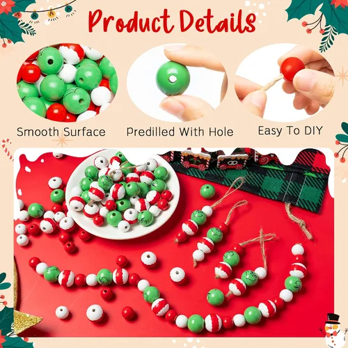 Vista 3 de Eartim Cuentas de madera para Navidad - 121 piezas, cuentas redondas de Navidad en rojo y verde, cuentas rústicas de madera de granja