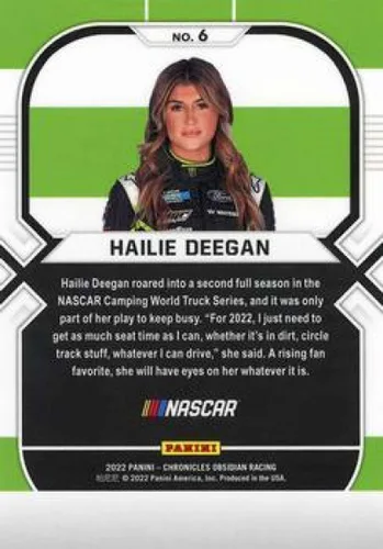 Vista 2 de 2022 Panini Chronicles Obsidian Racing #6 Hailie Deegan Monster Energy/DGR-Crosley/Ford Official NASCAR Trading Card