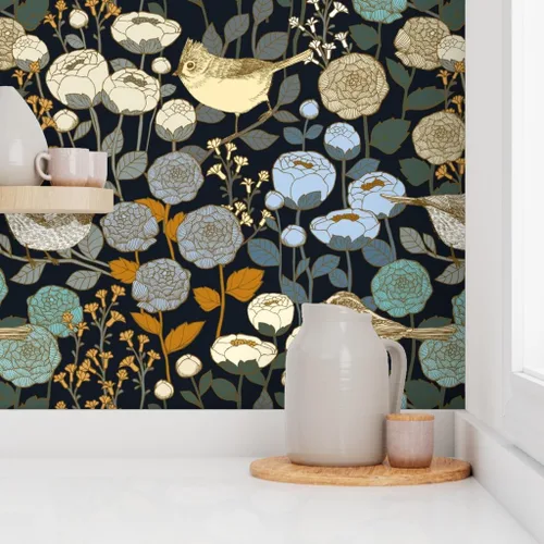 Vista 8 de Papel tapiz para despegar y pegar, diseño de pájaros negros con diseño de jardín de invierno, diseño de pájaros negros y oscuro, papel tapiz