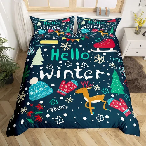 Vista 42 de Juego de ropa de cama de Feliz Navidad, funda de edredón azul con árbol de Navidad para niñas y niños, elegante funda de edredón de copo de nieve