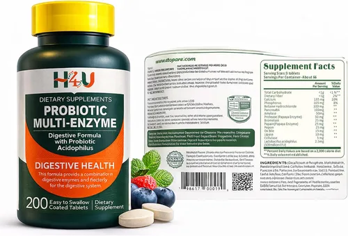 Vista 2 de H4U Fórmula probiótica de enzimas digestivas multienzimáticas con tabletas de Acidophilus para salud digestiva y apoyo intestinal, suplemento