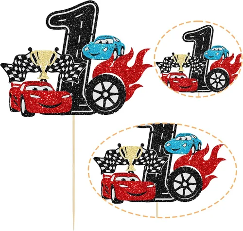 Vista 3 de Ephlyn 1 pieza de decoración para tarta de primer cumpleaños de coche de carreras con purpurina, decoración de tarta 1er cumpleaños para bandera a