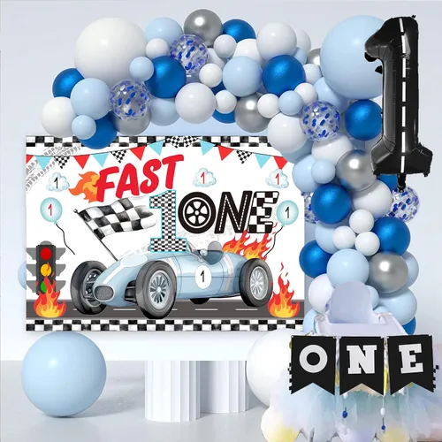 Vista 4 de Fast One - Telón de fondo y decoraciones de cumpleaños para niños y niñas, telón de fondo de cartel de primer cumpleaños