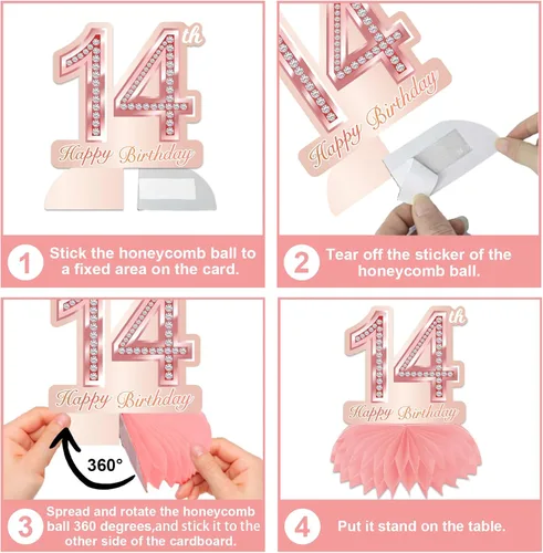 Vista 5 de Centros de mesa con diseño de panal de abeja de oro rosa para cumpleaños número 14, decoración de mesa para niñas y mujeres, dulce princesa de 14