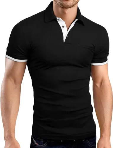 Vista 2 de KUYIGO Camisas de manga larga y corta estilo polo para hombre, estilo informal, ajustadas, diseño sólido, suave, con botones, de algodón, con A1