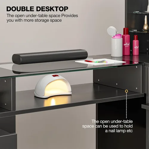Vista 16 de Mesa de manicura en forma de L con estantes, estación de mesa de uñas con parte superior de cristal, resistente a acetona, con cajones de Negro