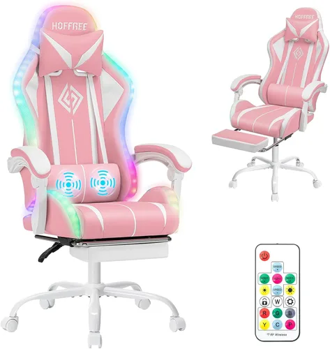 Vista 14 de HOFFREE LED Gaming Chair with Massage RGB Lights Computer Game Chair-Red Rojo + negro