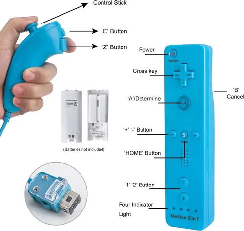 Vista 5 de Poulep Gesture Controller and Nunchuck Joystick with Silicone Case for Wii Wii U Console (red + Light Blue)