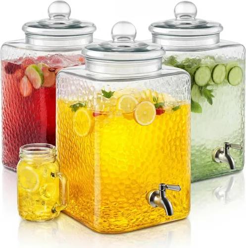 Vista 8 de Paquete de 1 dispensador de bebidas de vidrio de 5 galones para fiestas, dispensador de bebidas de vidrio martillado, recipiente de agua con grifo