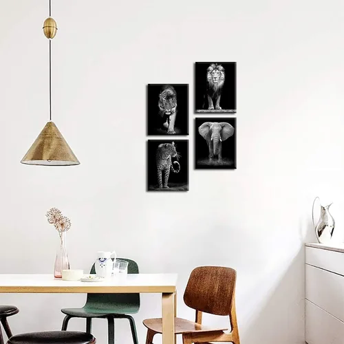 Vista 4 de Lienzo decorativo para la pared de vida silvestre en blanco y negro, juego de 4 pósteres enmarcados de animales de safari africanos, 8 x 10