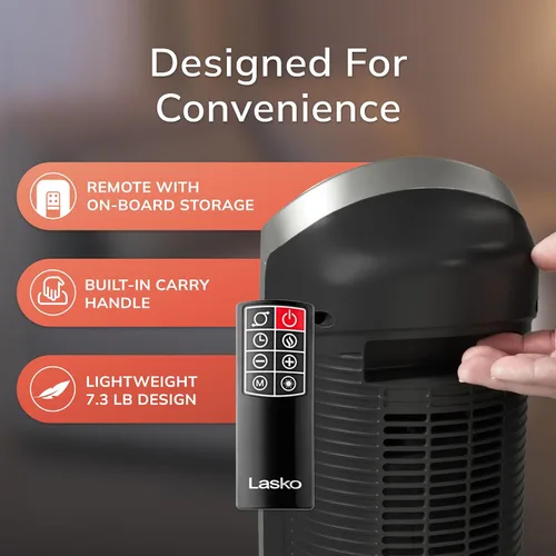 Vista 11 de Lasko Calentador de torre de cerámica digital oscilante para el hogar con termostato ajustable, temporizador y control remoto, 23 pulgadas, 1500 W