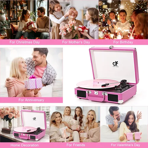 Vista 2 de Tocadiscos de vinilo Bluetooth, tocadiscos portátil vintage para maleta Rosa bebé